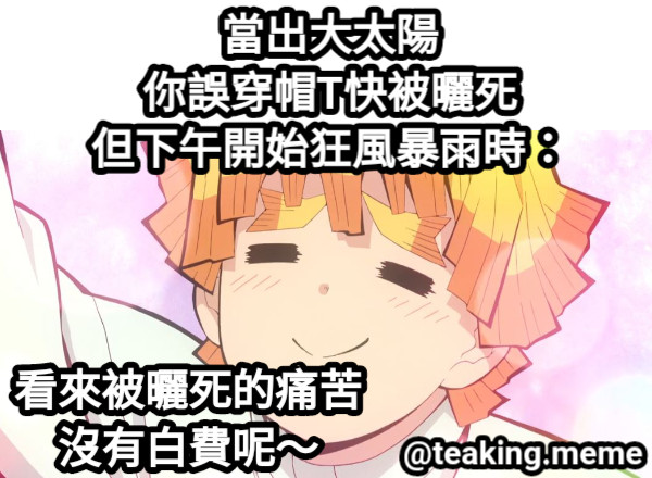 當出大太陽 你誤穿帽T快被曬死 但下午開始狂風暴雨時： 看來被曬死的痛苦 沒有白費呢～ @teaking.meme
