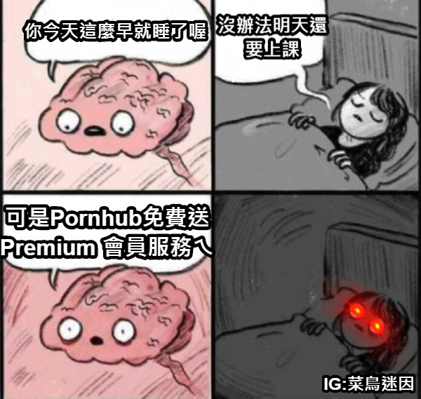 可是Pornhub免費送Premium 會員服務ㄟ 你今天這麼早就睡了喔 沒辦法明天還要上課 IG:菜鳥迷因