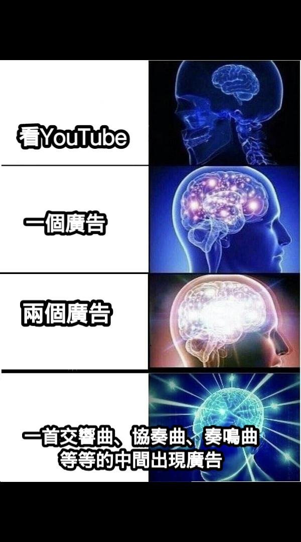 看YouTube 一個廣告 兩個廣告 一首交響曲、協奏曲、奏鳴曲等等的中間出現廣告