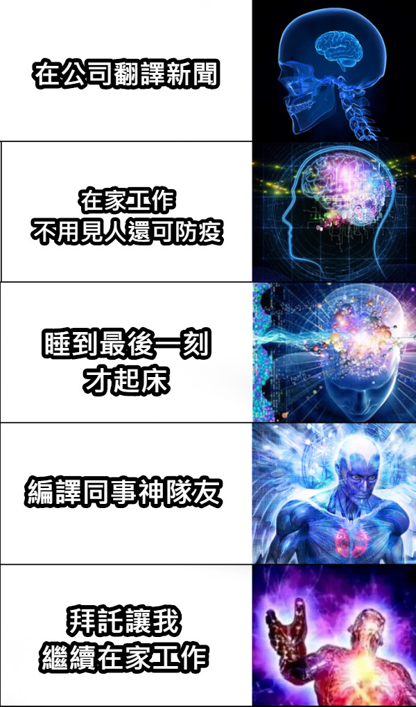 在公司翻譯新聞 在家工作 不用見人還可防疫 睡到最後一刻 才起床 編譯同事神隊友 拜託讓我 繼續在家工作