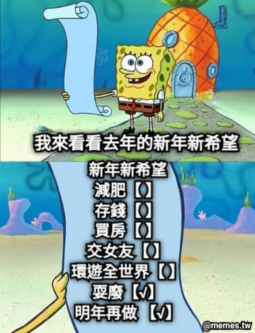 我來看看去年的新年新希望 新年新希望 減肥【 】 存錢【 】 買房【 】 交女友【 】 環遊全世界【 】 耍廢【√】 明年再做 【√】