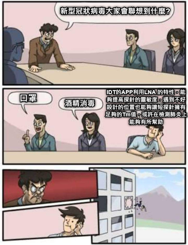 新型冠狀病毒大家會聯想到什麼? 口罩 酒精消毒 IDT的APP利用LNA 的特性，能夠提高探針的靈敏度，遇到不好設計的位置也能夠讓短探針擁有足夠的Tm值，或許在檢測肺炎上能夠有所幫助