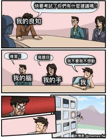 快要考試了你們有什麼建議嗎！ 我的良知 複習！ 寫題目 我 我不要我不想動 我的腦 我的手