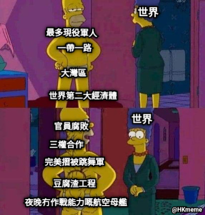 世界第二大經濟體 一帶一路 大灣區 最多現役軍人 官員腐敗 三權合作 完美摺被跳舞軍 豆腐渣工程 夜晚冇作戰能力嘅航空母艦 世界 世界