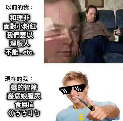 和理非 面對小粉紅 我們要以 理服人 不能…etc. 媽的智障 姦恁娘膣屄 食屎lá ㄍㄋㄋㄐㄅ
