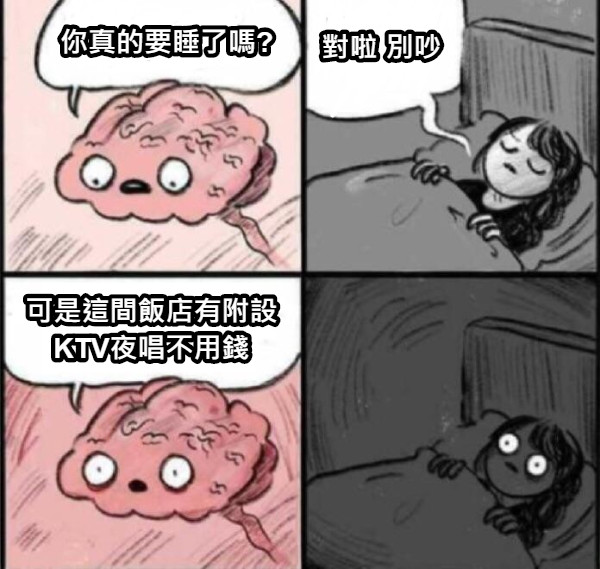你真的要睡了嗎? 對啦 別吵 可是這間飯店有附設 KTV夜唱不用錢
